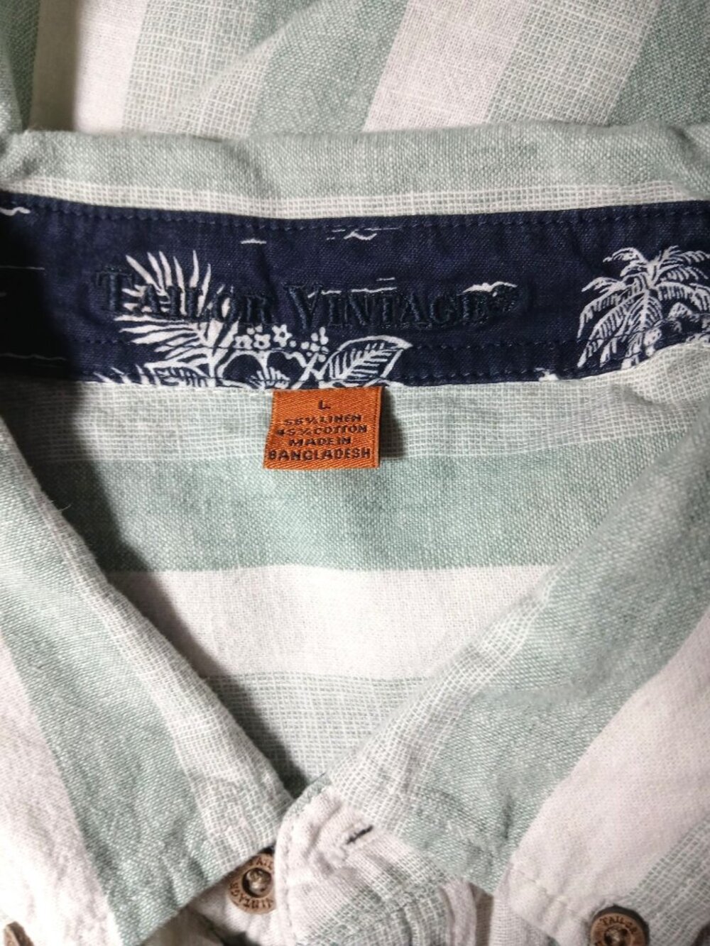 Tailor Vintage Mens Green White Striped Puretec Cool Linen Button Shirt Size L - Picture 6 of 13